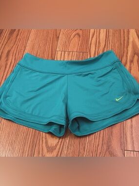 Nike Teal Athletic Running Shorts with Lime Swoosh